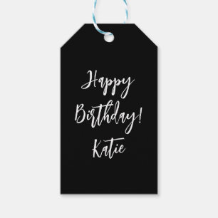Happy Birthday black white personalised script. Gift Tags