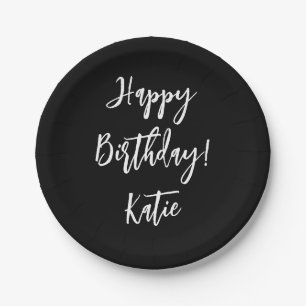 Happy Birthday black white personalised script. Paper Plate