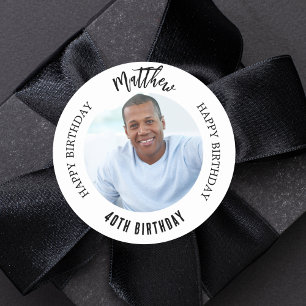 Happy Birthday black white photo man guy Classic Round Sticker