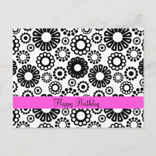 Happy Birthday Black White Retro Simple Flowers Postcard