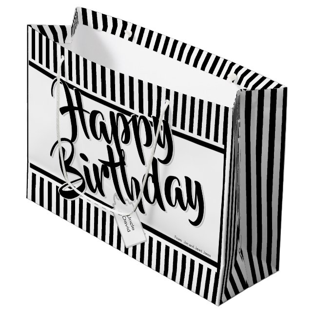 Happy Birthday Black/White Simple Stripes Pattern Large Gift Bag (Front Angled)