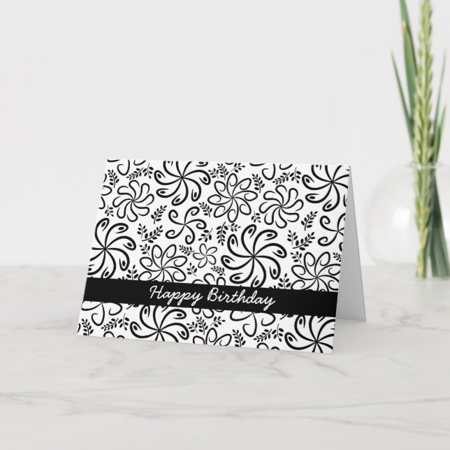 Happy Birthday Black White Spiral Floral Leaf  Card (Front)