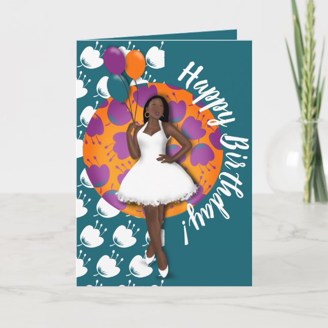 Happy Birthday! Black Woman, Balloons & Flowers Card (Front)