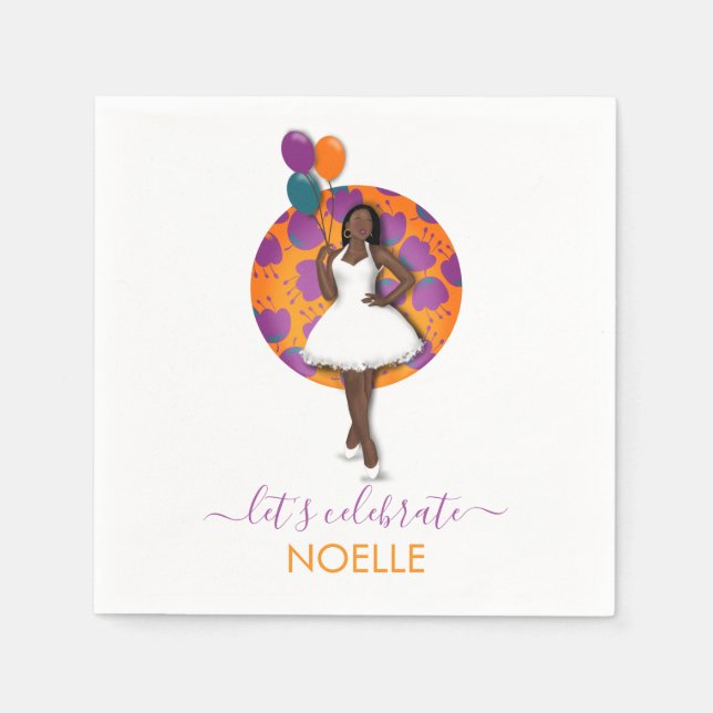 Happy Birthday! Black Woman, Balloons & Flowers Napkin (Front)