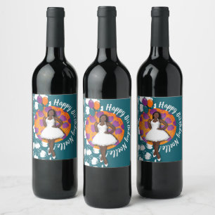 Happy Birthday! Black Woman, Balloons & Flowers Wine Label
