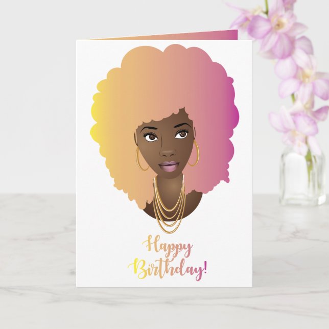 Happy Birthday! Black Woman, Colourful Natural Hai Card (Orchid)