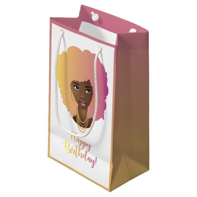 Happy Birthday! Black Woman, Colourful Natural Hai Small Gift Bag (Front Angled)