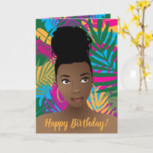 Happy Birthday! Black Woman, Colourful Tropical Card
