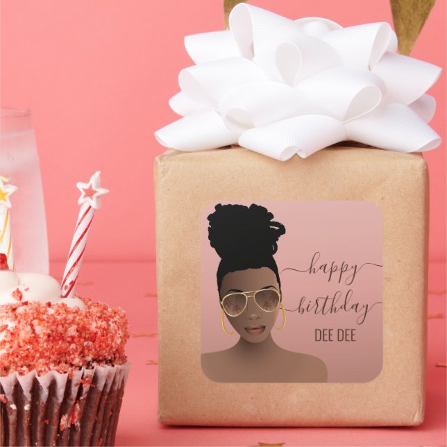 Happy Birthday Black Woman Gold Shades, Pink Blush Square Sticker (Party)