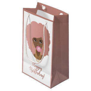 Happy Birthday! Black Woman Pink Afro, Bubblegum Small Gift Bag