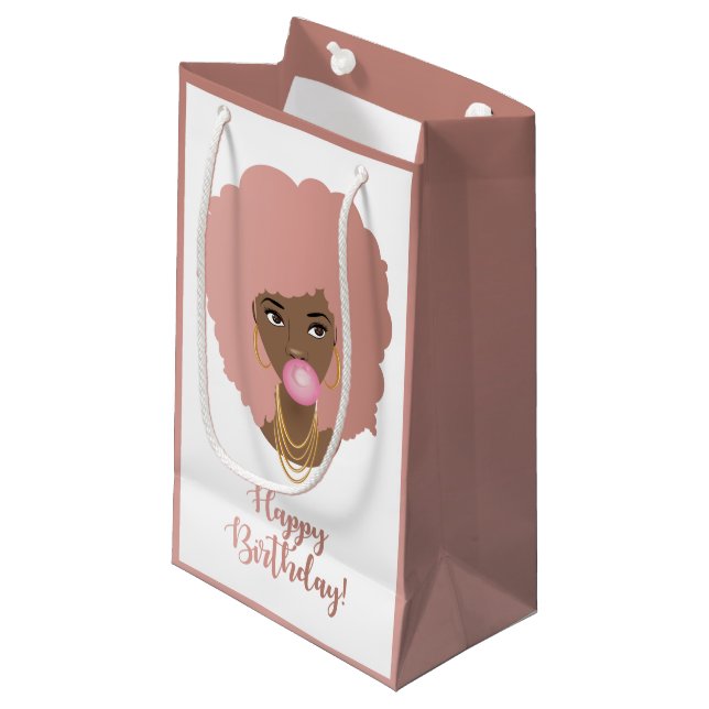 Happy Birthday! Black Woman Pink Afro, Bubblegum Small Gift Bag (Front Angled)
