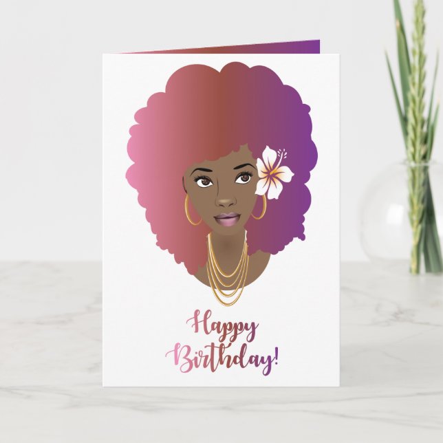 Happy Birthday! Black Woman, Pink & Purple Afro Card (Front)