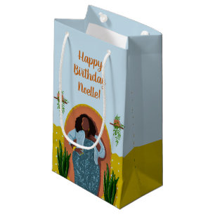 Happy Birthday, Black Woman, Plants, Blue Yellow Small Gift Bag