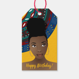 Happy Birthday! Black Woman, Tribal Inspired, Gold Gift Tags