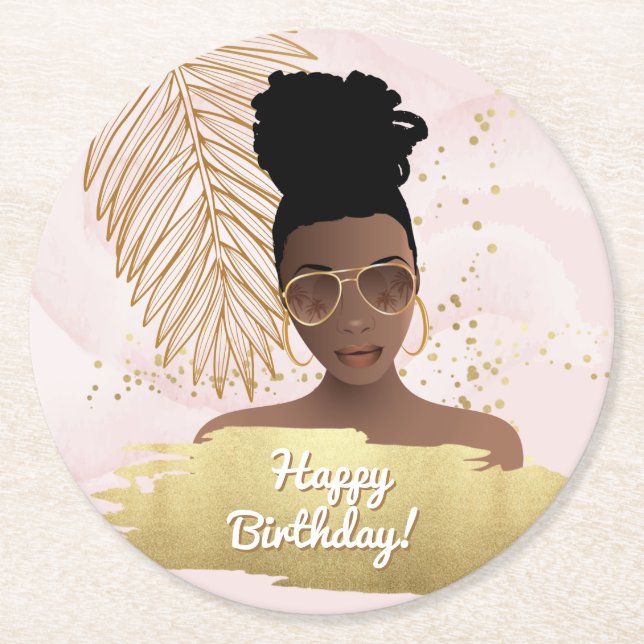 Happy Birthday, Black Woman, Tropical Gold & Pink  Round Paper Coaster (Front)