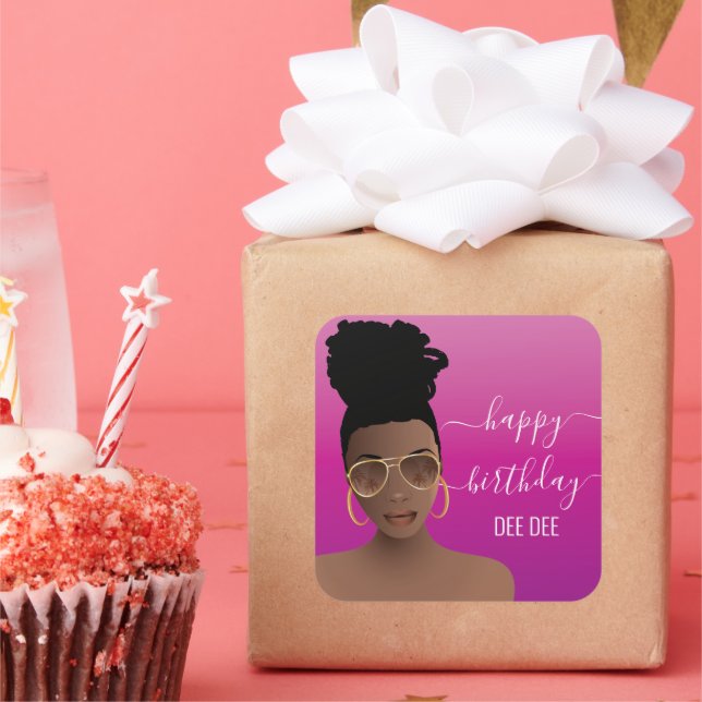 Happy Birthday, Black Woman w/Gold Shades, Pink Sq Square Sticker (Party)