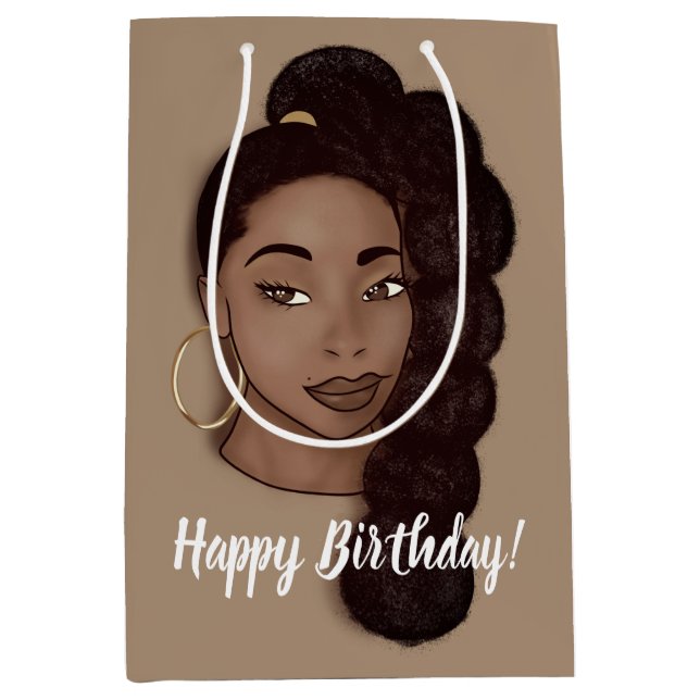 Happy Birthday, Black Woman w/Long Ponytail, Brown Medium Gift Bag (Front)