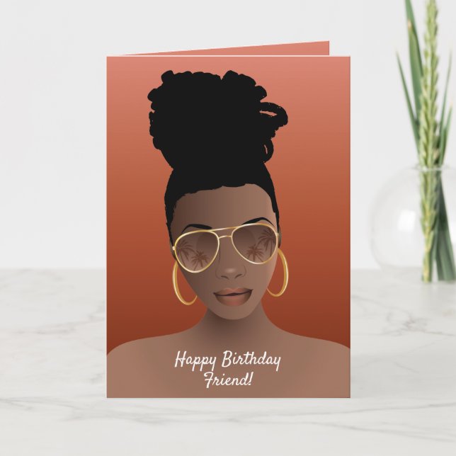 Happy Birthday! Black Woman w/Shades & High Bun Card (Front)