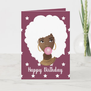 Happy Birthday! Black Woman, White Hair & Stars Card