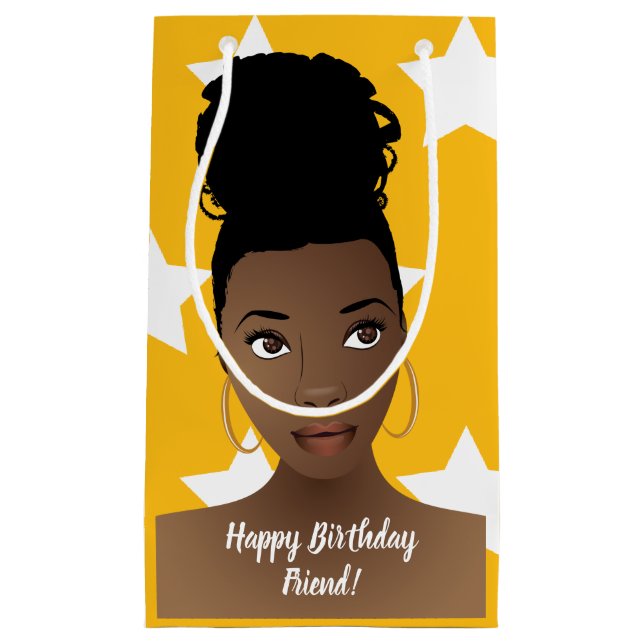Happy Birthday! Black Woman, White Stars, Gold Small Gift Bag (Front)