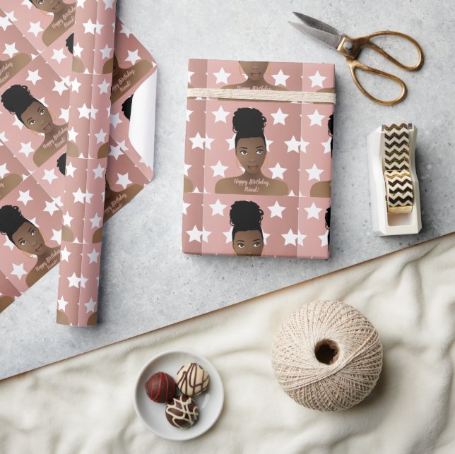 Happy Birthday! Black Woman, White Stars, Pink Wrapping Paper (Crafts)