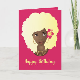 Happy Birthday! Blonde Afro, Pink, Flower Card