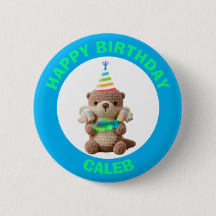 Happy Birthday   Blue and Green Teddy Bear 6 Cm Round Badge