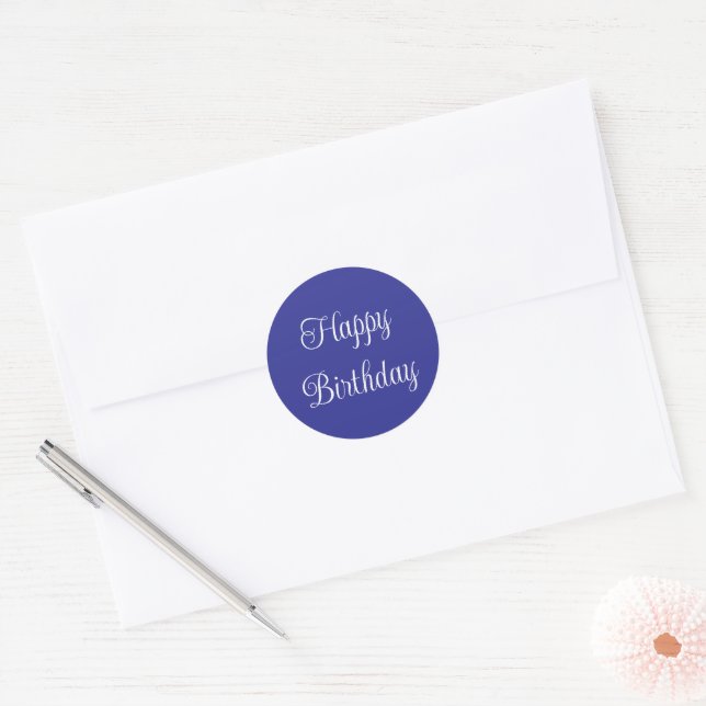 Happy Birthday Blue and White Elegant Script Classic Round Sticker (Envelope)