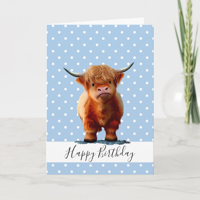 HAPPY BIRTHDAY BLUE BOY LONG HAIR BROWN COW CARD (Front)