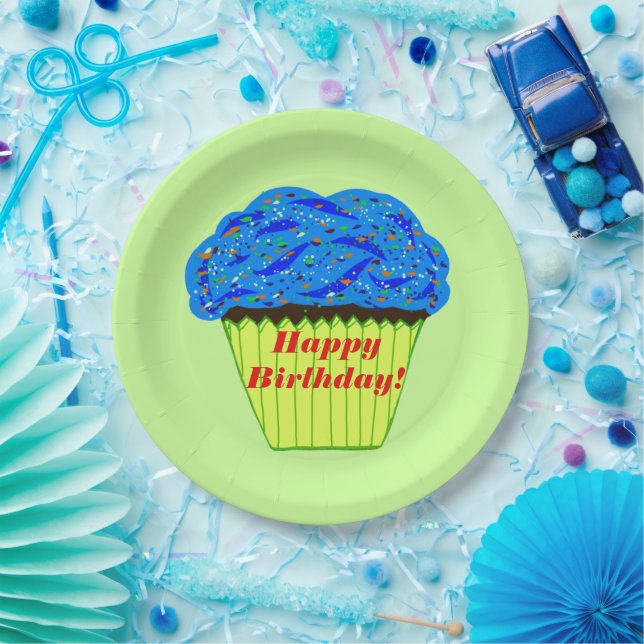 Happy Birthday Blue Cupcake Paper Plates (Party)