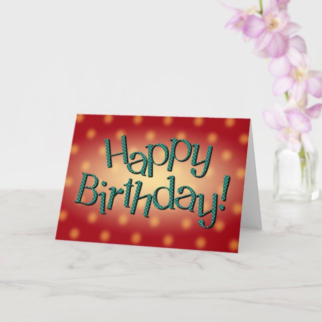 Happy Birthday Blue Dot Text Red Background Card (Orchid)