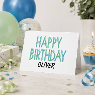 Happy Birthday Blue Green Markers Personalise Name Card