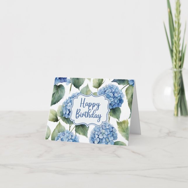 Happy Birthday Blue Hydrangea Flowers Watercolor  Card (Front)