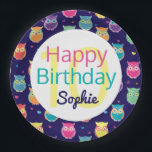 Happy Birthday Blue Owl Pattern Personalised Kids Paper Plate<br><div class="desc">Girls Happy Birthday Blue Owl Pattern Personalised with Name and Age Party Paper Plates. Dark midnight blue background with multi-coloured owls and hearts design. Teal, blue, green, pink, purple, orange, yellow, and red owls in a fun pattern. Centre white circle shows age in light yellow in centre. Happy is written...</div>