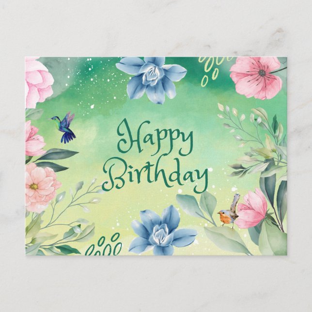 Happy Birthday Blue, Pink Watercolor Flowers Postcard (Front)