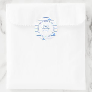 Happy Birthday Blue Sail Boat and Stripes Classic Round Sticker