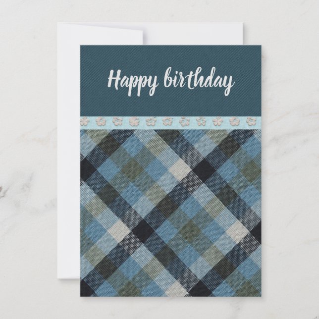 Happy birthday Blue Tartan Flat Greeting Card (Front)