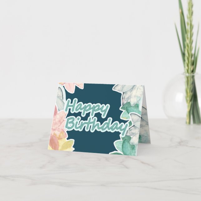 Happy Birthday - Blue Teal Text Tropical Leaves Card (Front)
