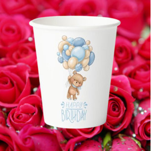 HAPPY birthday blue teddy balloon boy   Paper Cups