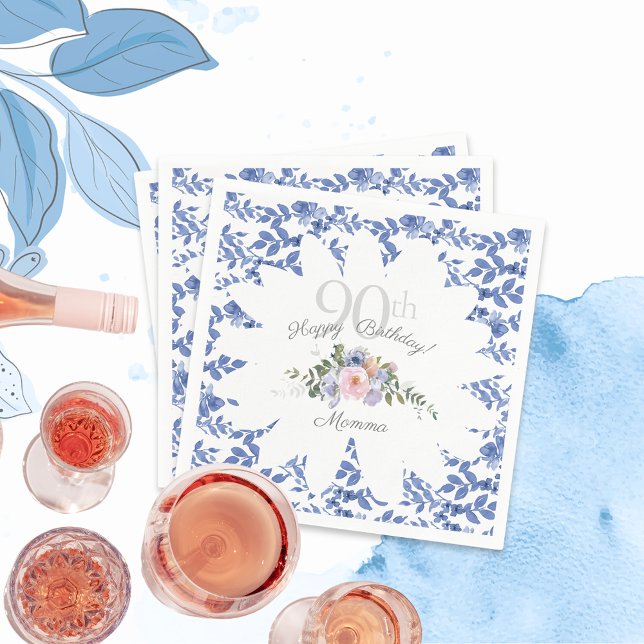 Happy Birthday Blue White Florals Napkins (Creator Uploaded)