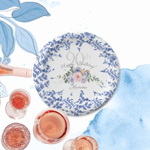 Happy Birthday Blue White Florals Paper Plate
