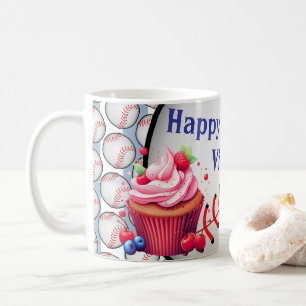 Happy Birthday Blue & White Stripe Baseball Coffee Mug