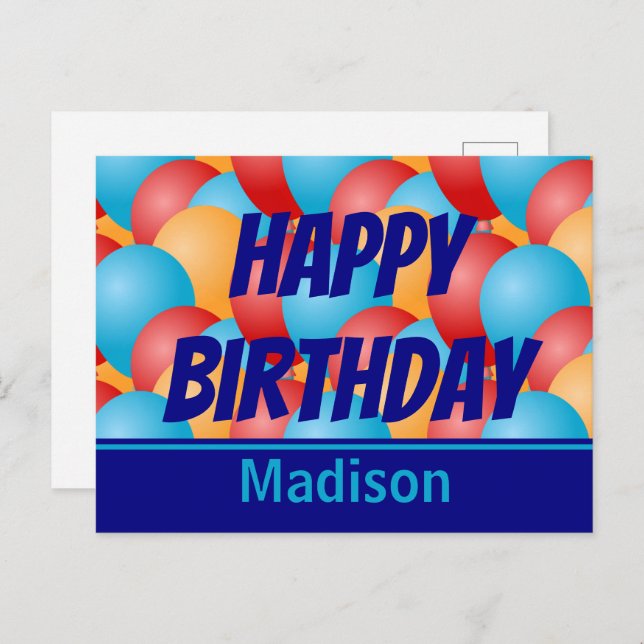Happy Birthday Blue Yellow Red Balloons & Name Postcard (Front/Back)