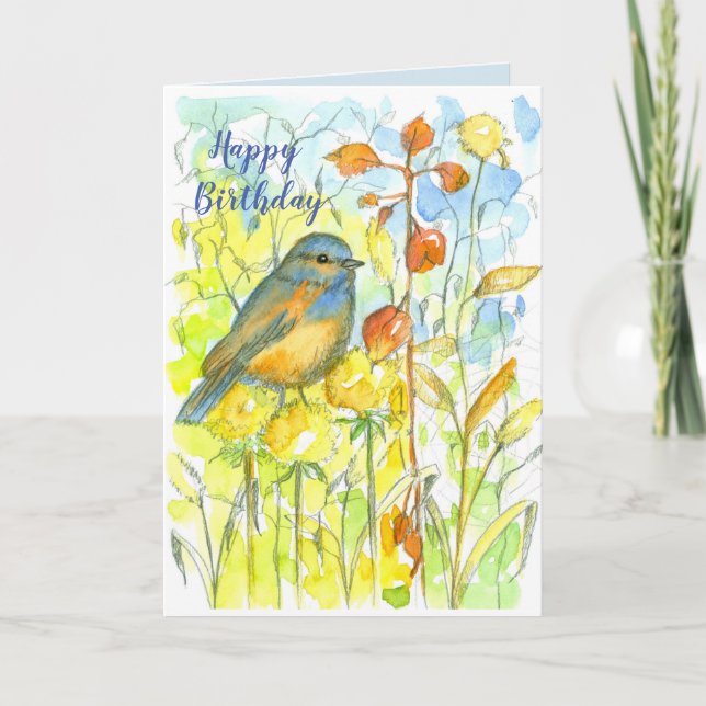 Happy Birthday Bluebird Autumn Season Card (Front)