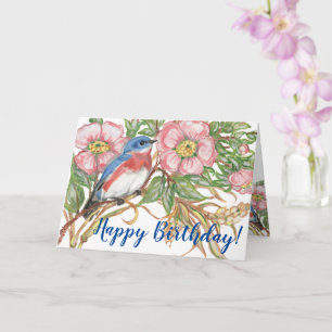 Happy Birthday Bluebird Watercolor Rose Floral Card