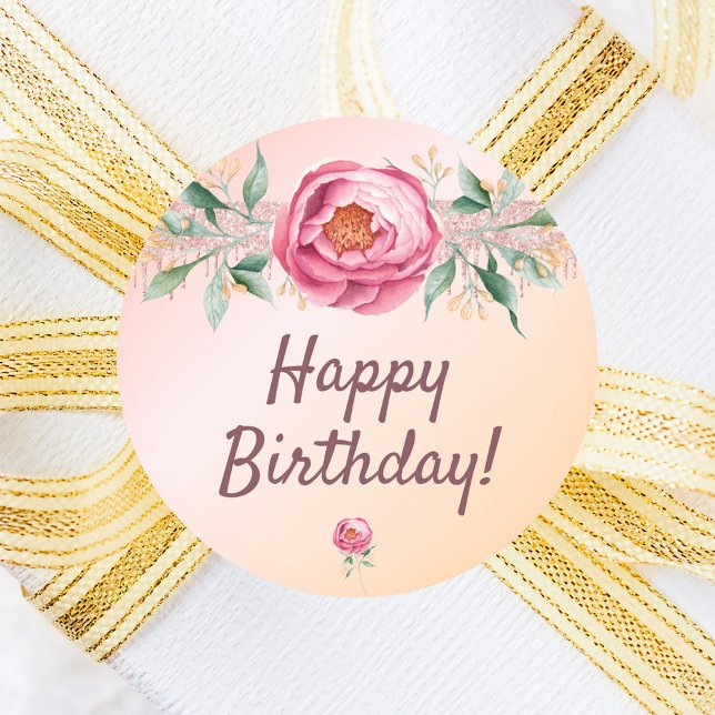 Happy Birthday blush pink rose gold floral Classic Round Sticker (Creator Uploaded)