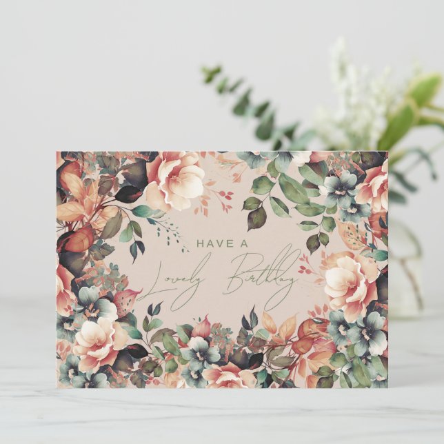 Happy Birthday Bohemian Garden Floral Champagne  Card (Standing Front)