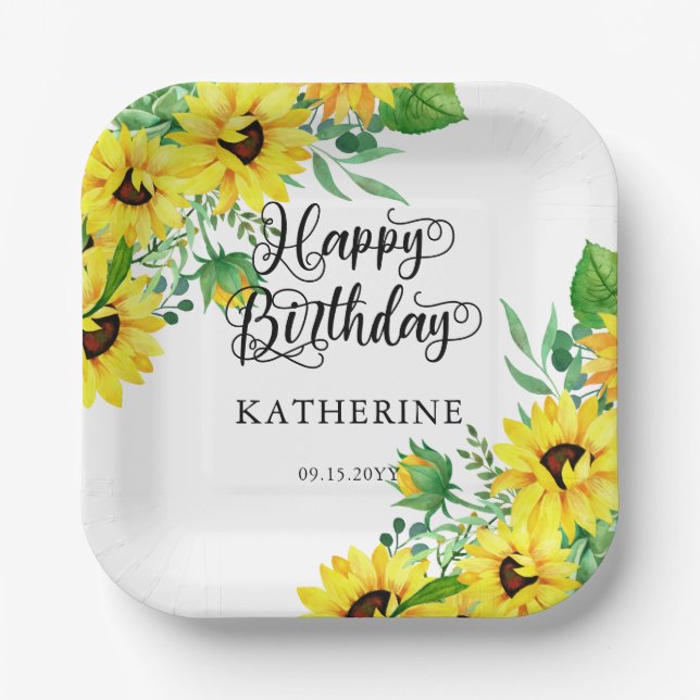 Happy Birthday Boho Sunflowers | Eucalyptus  Paper Plate (Front)