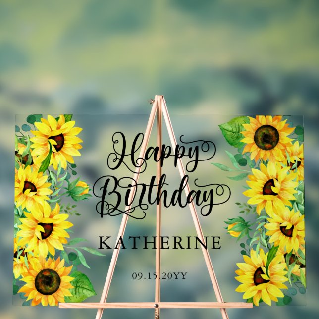 Happy Birthday Boho Sunflowers | Eucalyptus Party Acrylic Sign (Neutral)