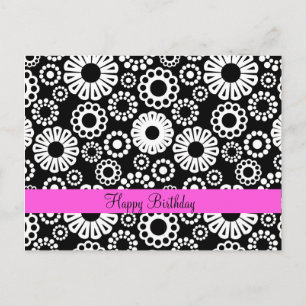 Happy Birthday Bold Black White Retro Flower Postcard